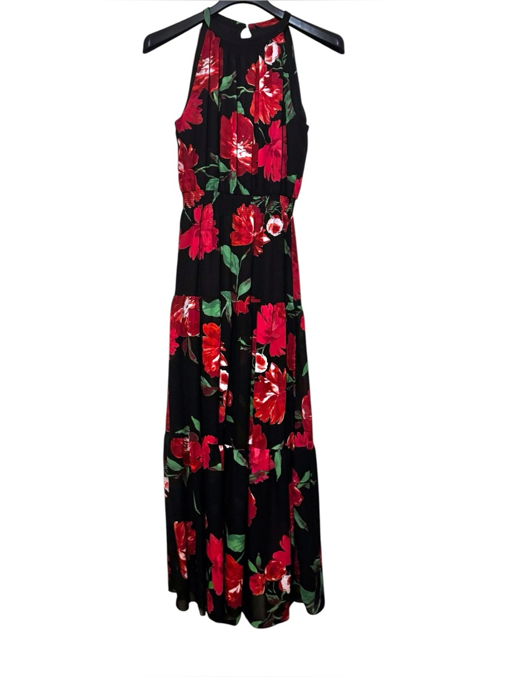 Be by Chetta B Black/Red Peony Sleeveless High Neck Tiered Maxi Dress Sz 8 $90